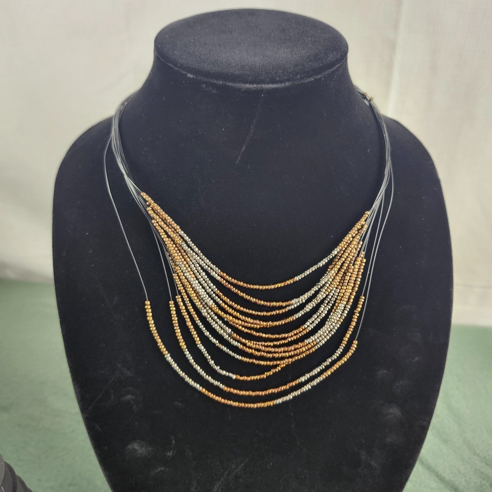 Chicos Black Bronze Browns Seed Beaded Adjustable Bib Necklace